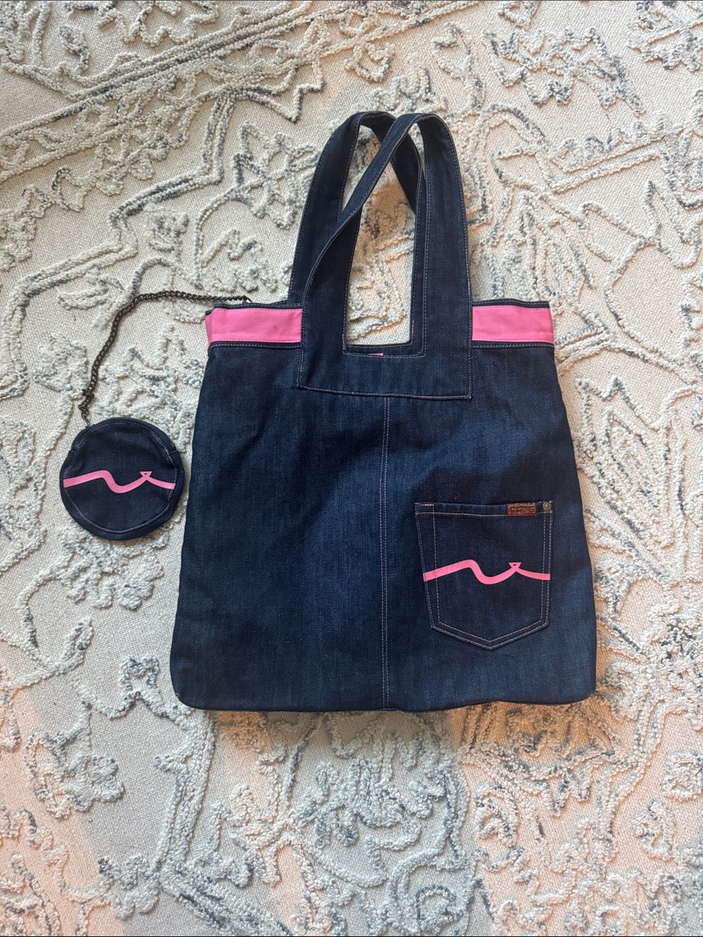 Vintage 7 For All Mankind Dark Denim Tote with Hot Pink Trim